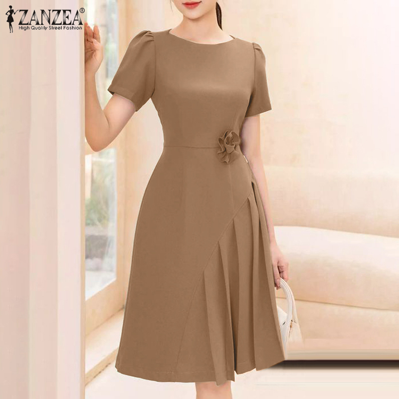 ZANZEA%20Korean%20Style%20Women's%20Dresses%20New%20Fashion%20Puff%20Short%20Sleeve%20Solid%20Back%20Zipper%20Elastic%20Waist%20A-Line%20Dress%20-%20Image%204