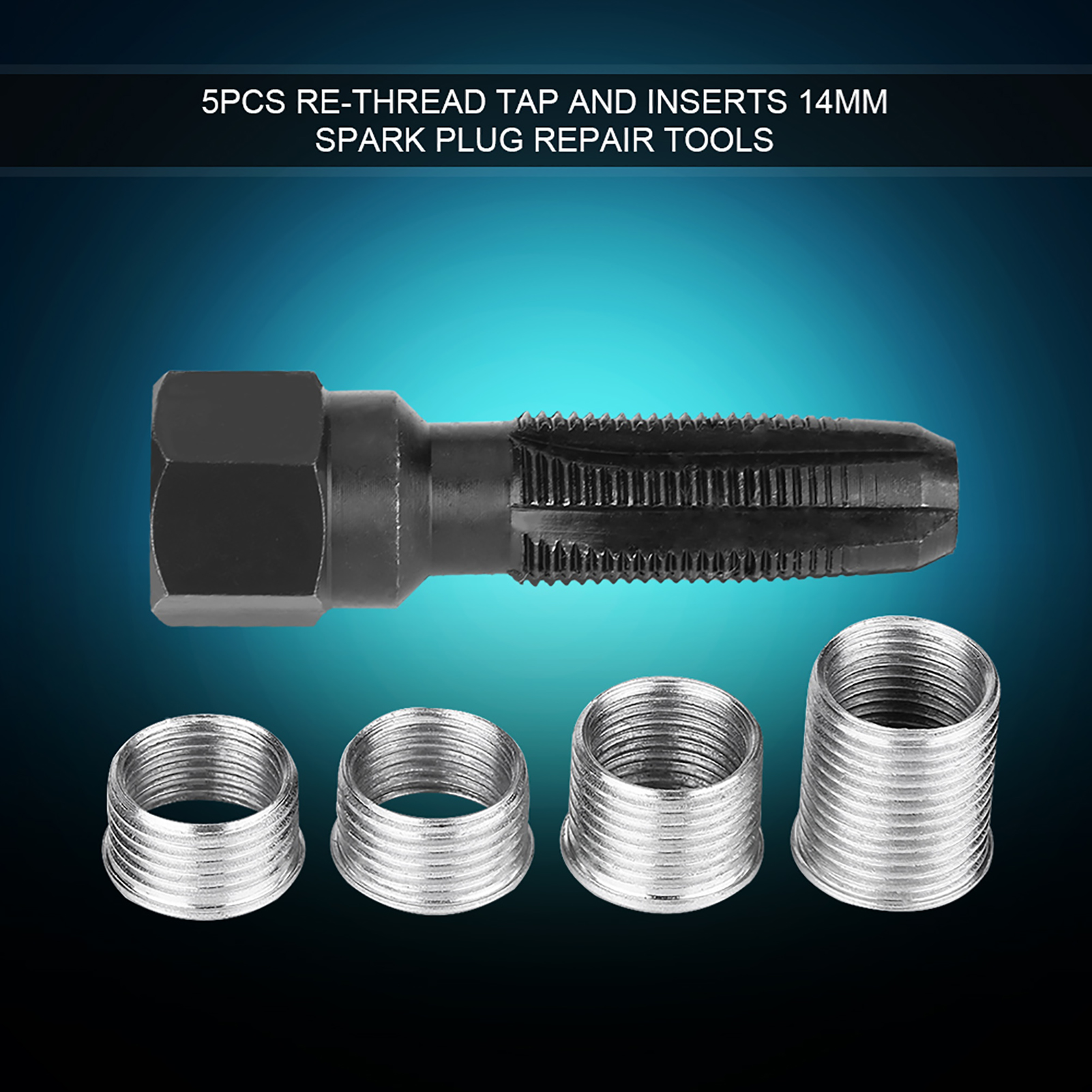 Spark Plug 5Pcs Carbon Steel Spark Plug Re-thread Tap Tools with Inserts for 14mm Sparking Plugs Repair