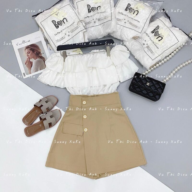 Áo croptop trễ vai 2 tầng cộc tay bồng bánh bèo áo trắng trần năng động