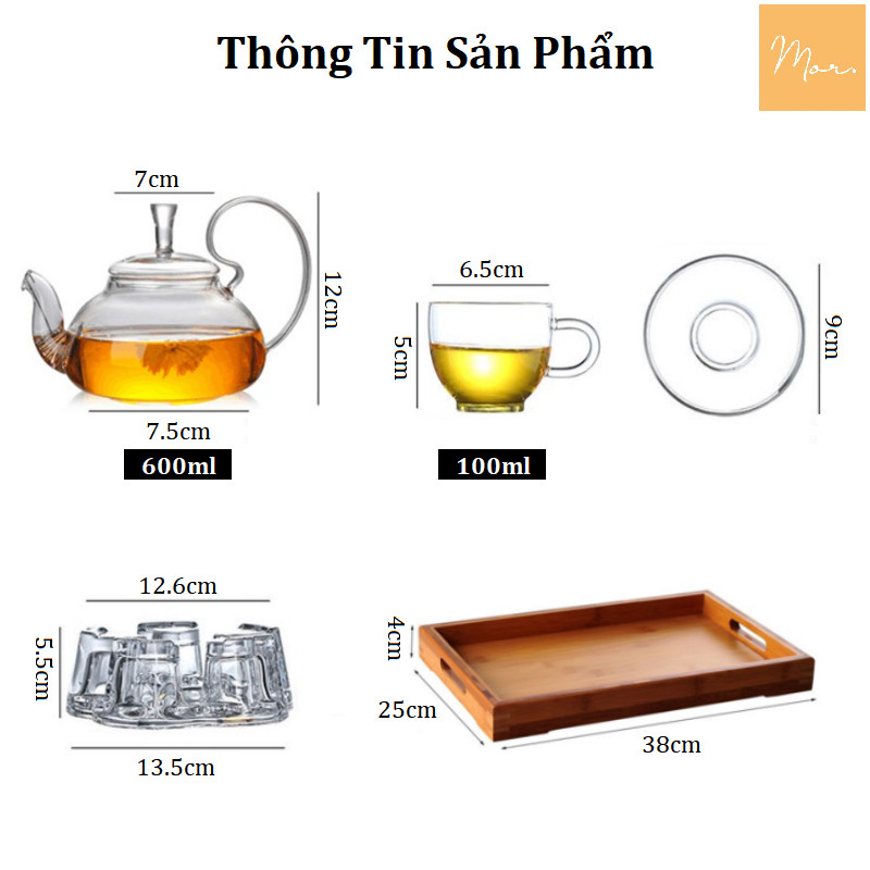 Bộ ấm trà thủy tinh chịu nhiệt - 600ml (Bồng - Quai)
