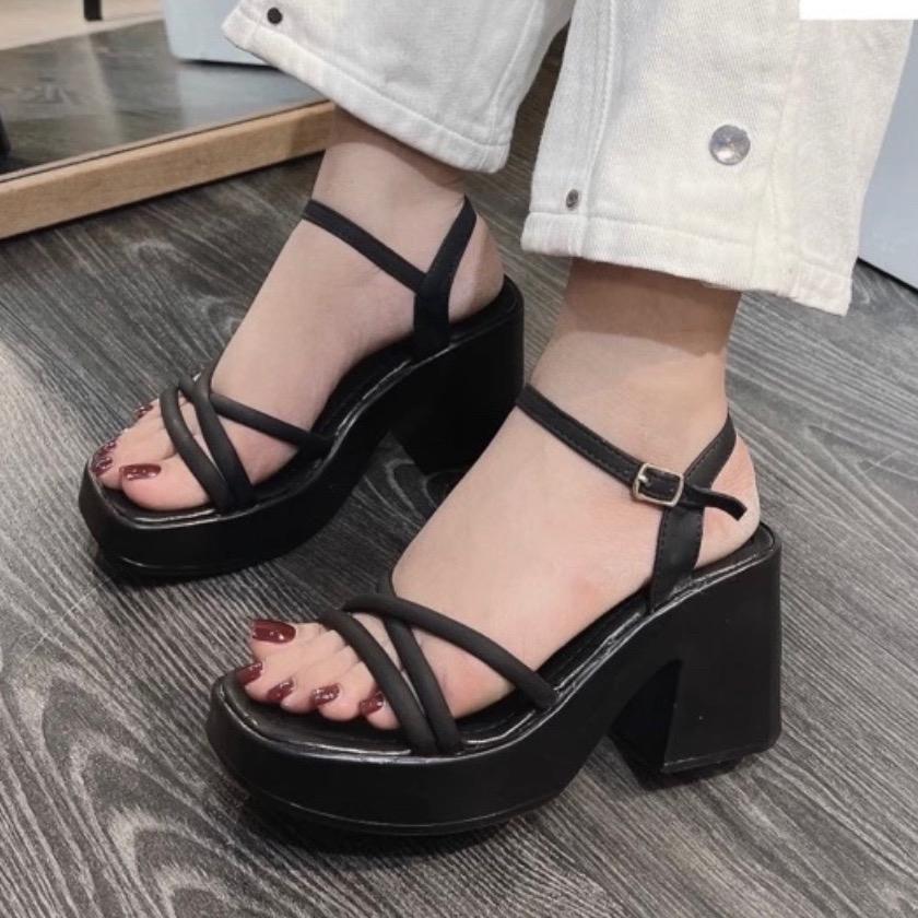 Giày Sandan quai chéo da mềm đế PU cao 7cm