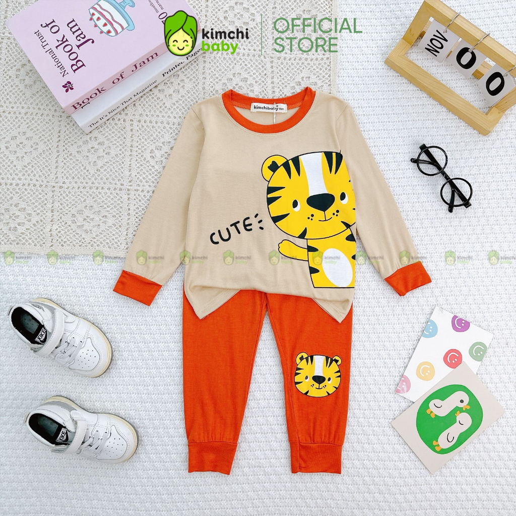 Đồ bộ dài tay cho bé trai, bé gái kimchibaby vải thun lạnh in gấu 3d cổ viền, bộ quần áo cho bé mặc thu đông kctd314