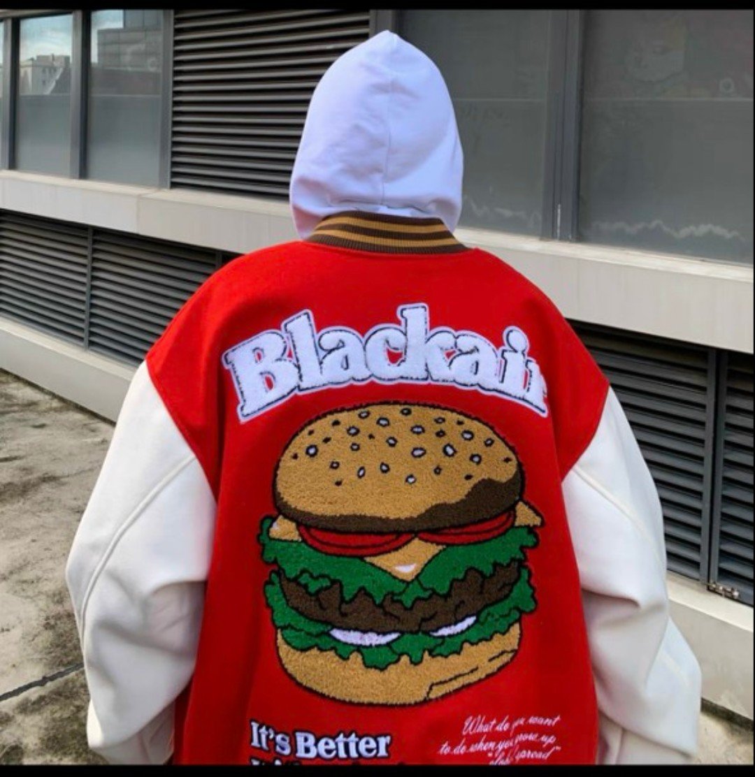 Áo khoác kaki, áo khoác bomber in chữ blackair kèm chiếc bánh hamburger siêu ngầu