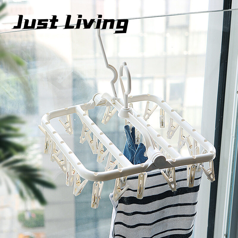 JustLiving Giá Treo Quần Áo 32 Kẹp Móc Treo Khăn Giặt Gấp Gọn Bằng Nhựa Giá Phơi Đồ Đa Năng Giá Treo Ngoài Cửa Ban Công Cửa Sổ Hàng Rào