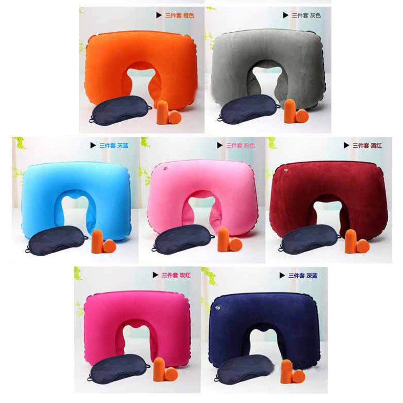 (SỈ) Bộ 3 món gối hơi du lịch, đủ màu (gối hơi, bịt tai, bịt mắt)