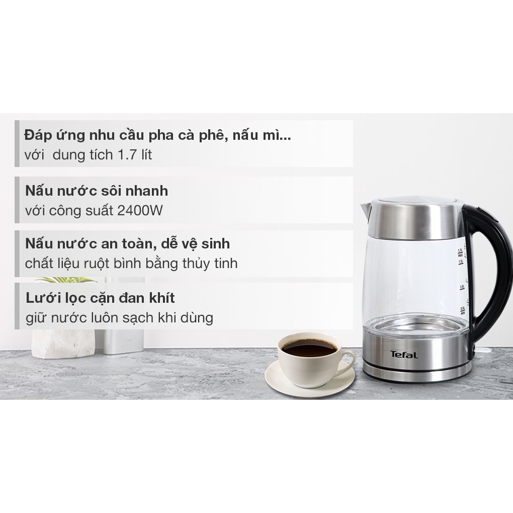 Bình đun siêu tốc Tefal KI772D38 thủy tinh 2400W 1,7L