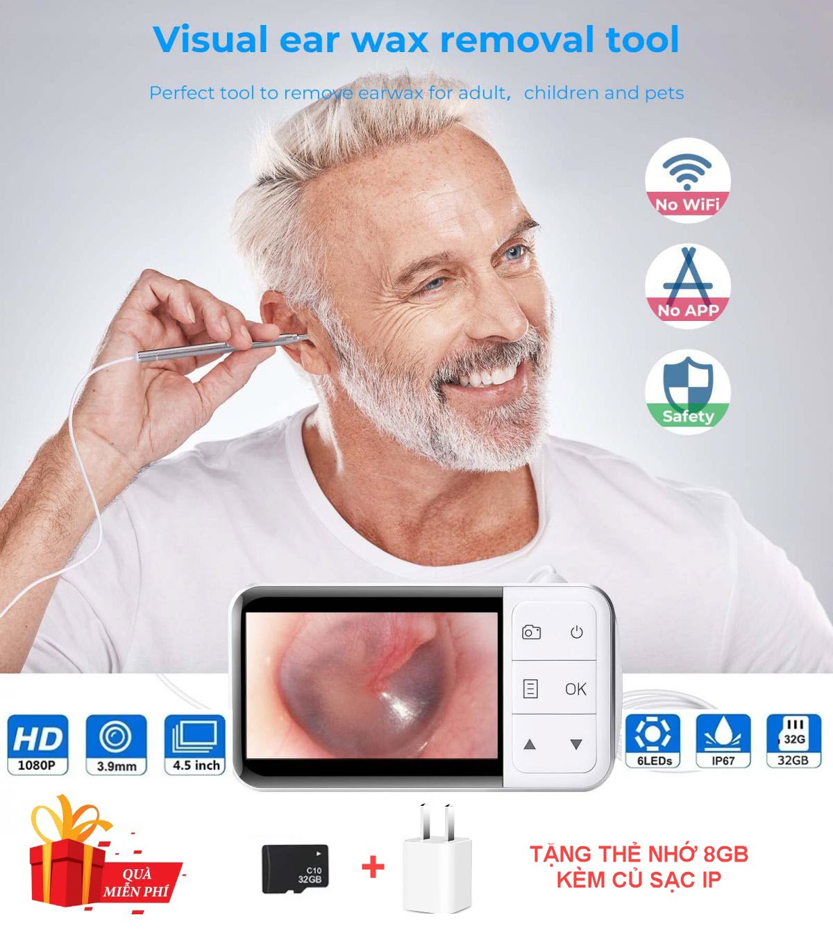 Quà tặng kèm - camera nội soi tai mũi họng màn hình 4.5inches hỗ trợ chụp ảnh, ghi hình full hd 1080p