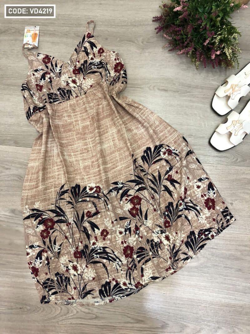 VÁY 2 Dây Vải Lanh (Tole) Hoa  – Đầm Dáng Xòe
