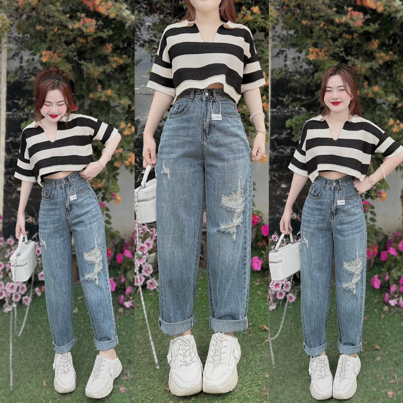 Set Baggy jeans xanh rách + croptop cổ bẻ sọc 2024