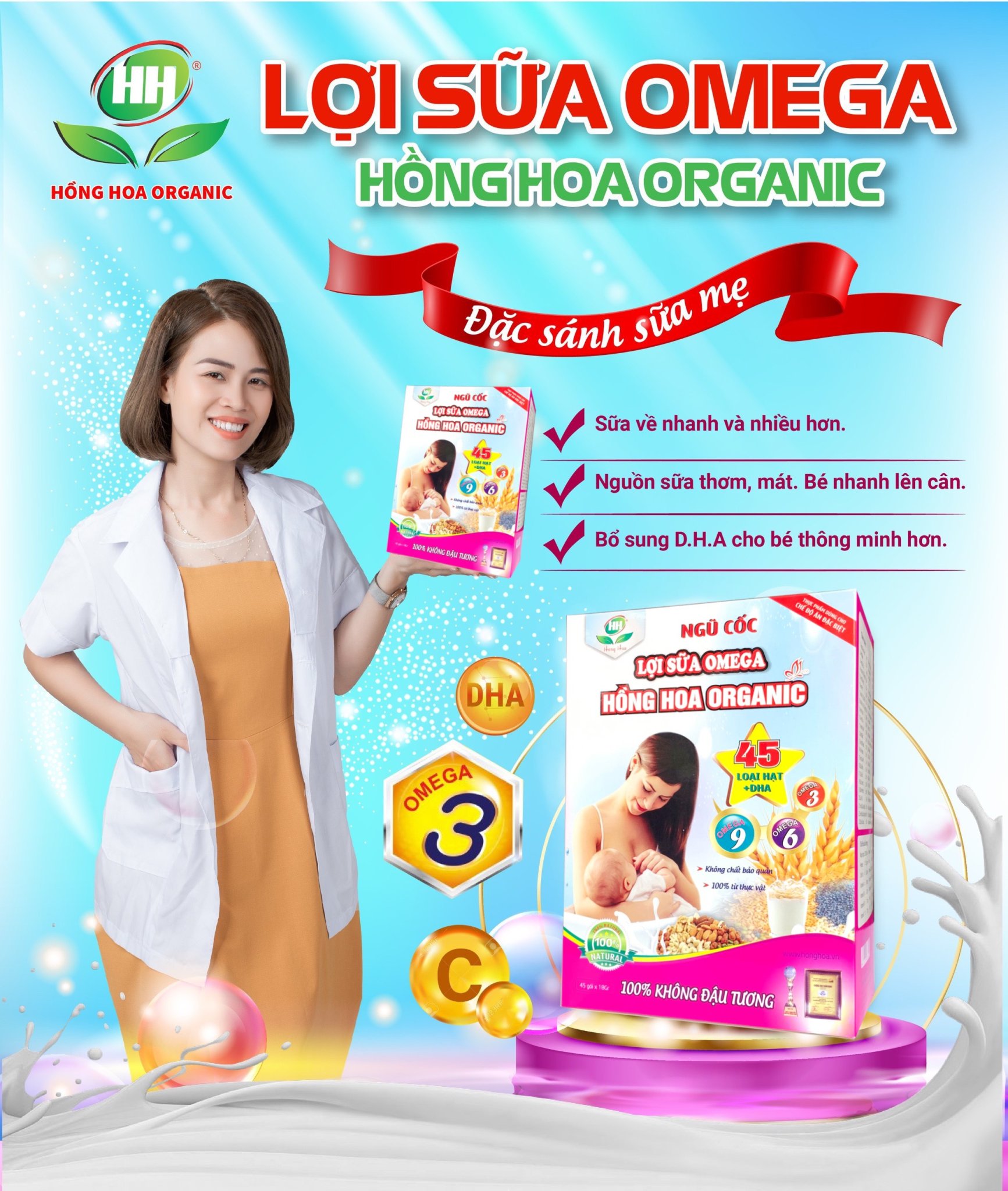 Bột ngũ cốc lợi sữa omega 3 - Hong hoa organic 45goi*18gr