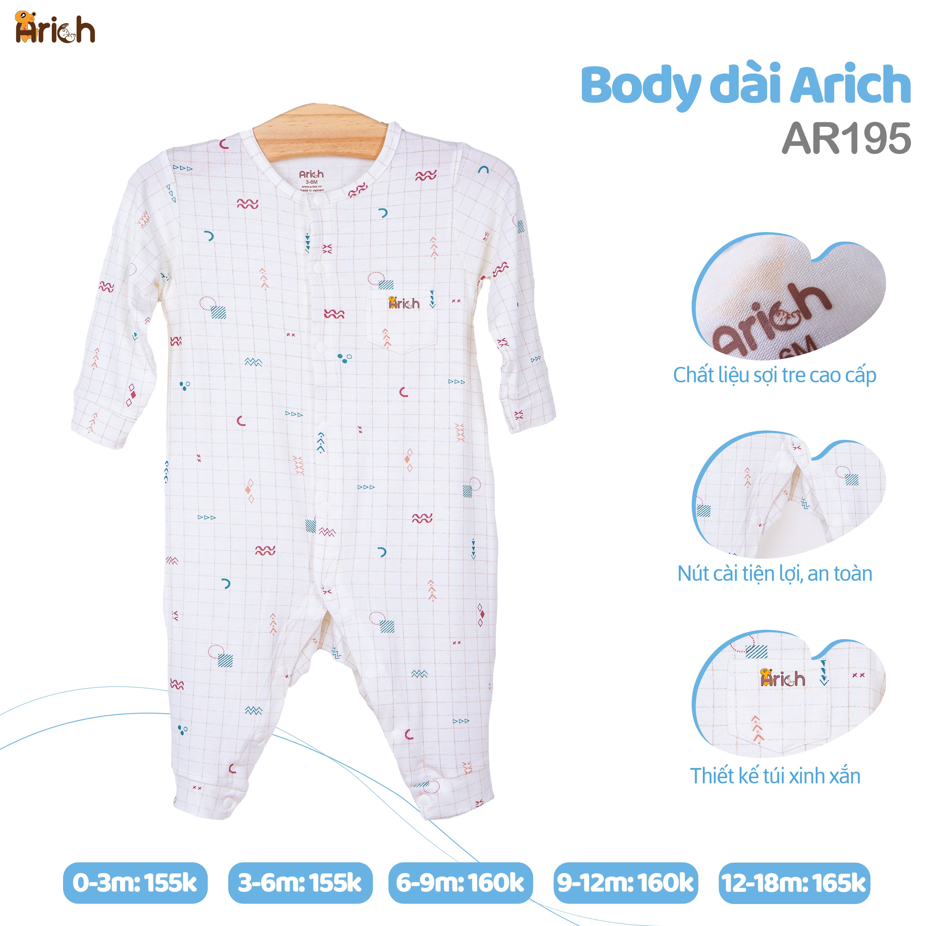 Body họa tiết vải sợi tre Arich cho bé  size từ 0 đến 18 tháng