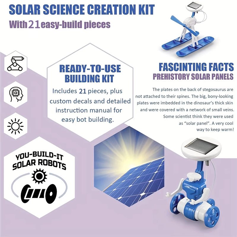 6-In-1 Solar Science Set Educational DIY Robot Kit Light Powered Toys, Multiple Assembly Shapes.