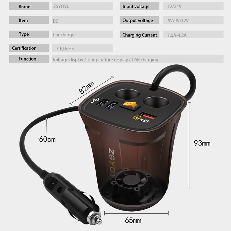 ZZOOI Fast QC3.0 USB Cup Holder Car Charger Adapter  Voltmeter 12V Socket Display Temperature Waterproof power switch
