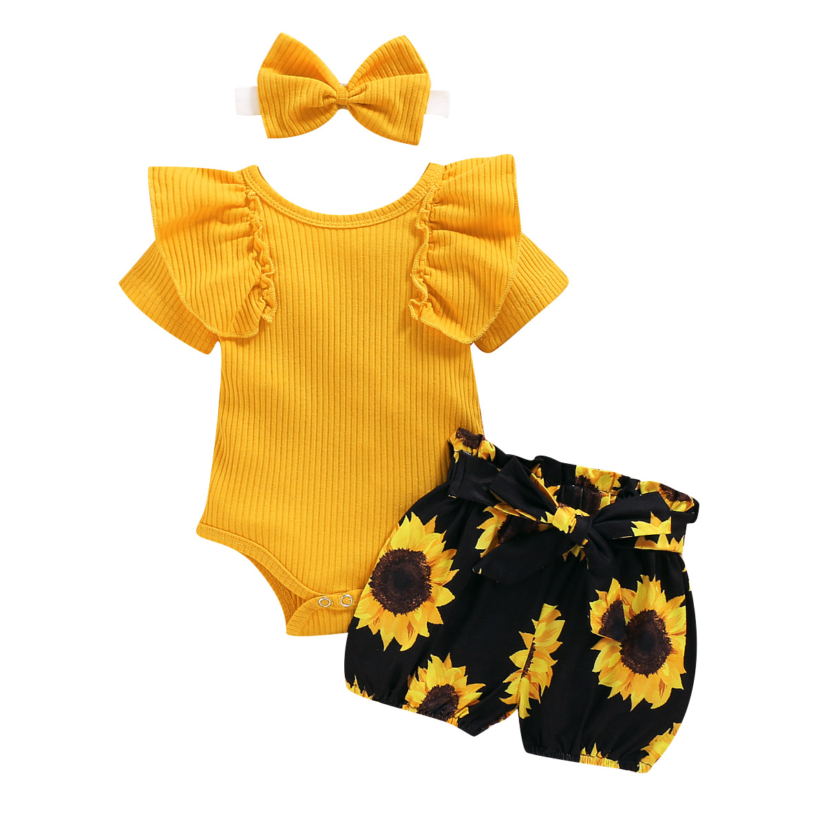 3PCS Baby Girl Clothes Set Short Sleeved Solid Color Ruffled Romper + Sunflower Print Shorts + Bow Headband