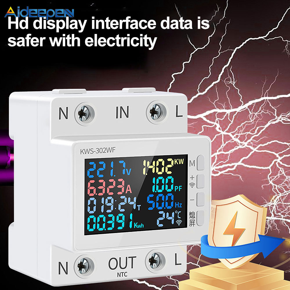 Aideepen Đồng hồ đo năng lượng kỹ thuật số đa chức năng Din Rail Power Meter Đồng hồ kWh với màn hình LED AC170-300V