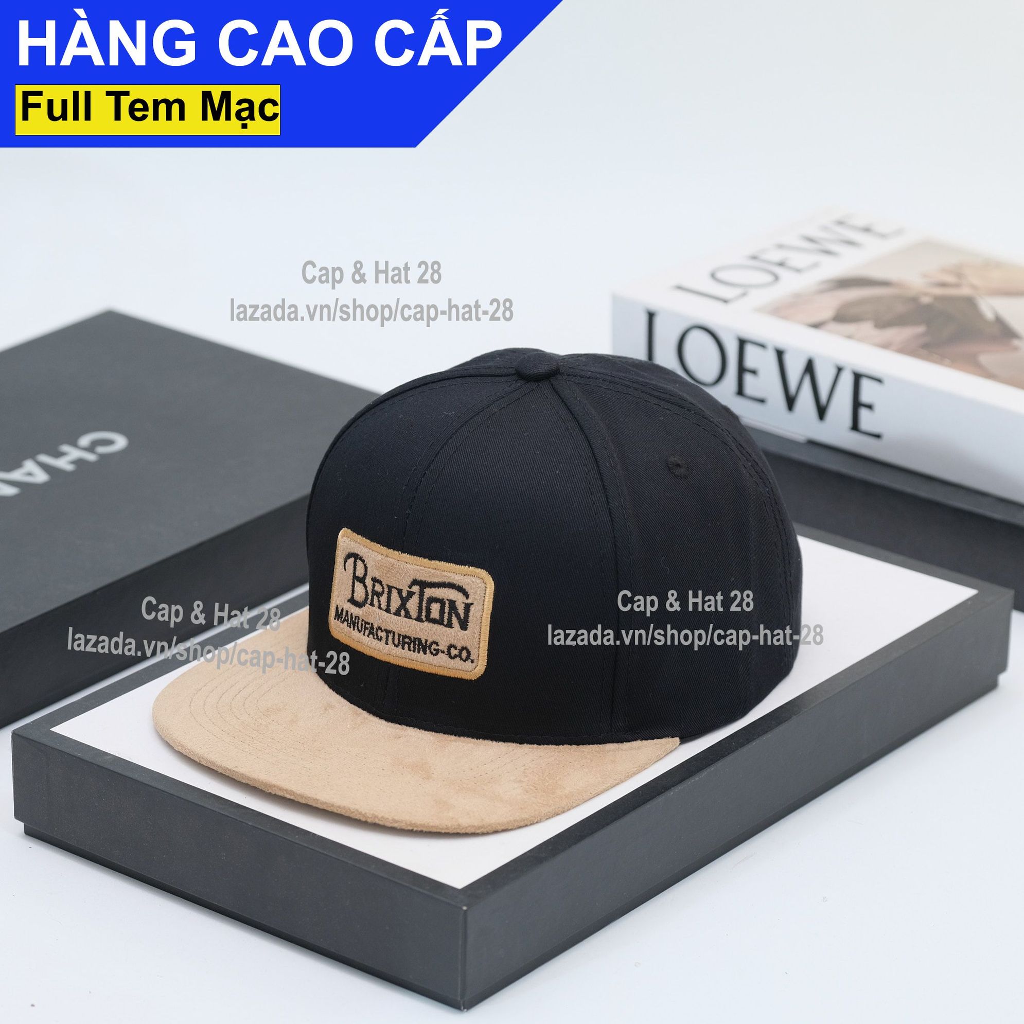 Mũ lưỡi trai nón snaρback brixton logo chữ nhật thêu nổi vải kaki cotton đen phối kem thoáng mát form đứng thời trang cao cấp vừa mọi đầu / nón sơn