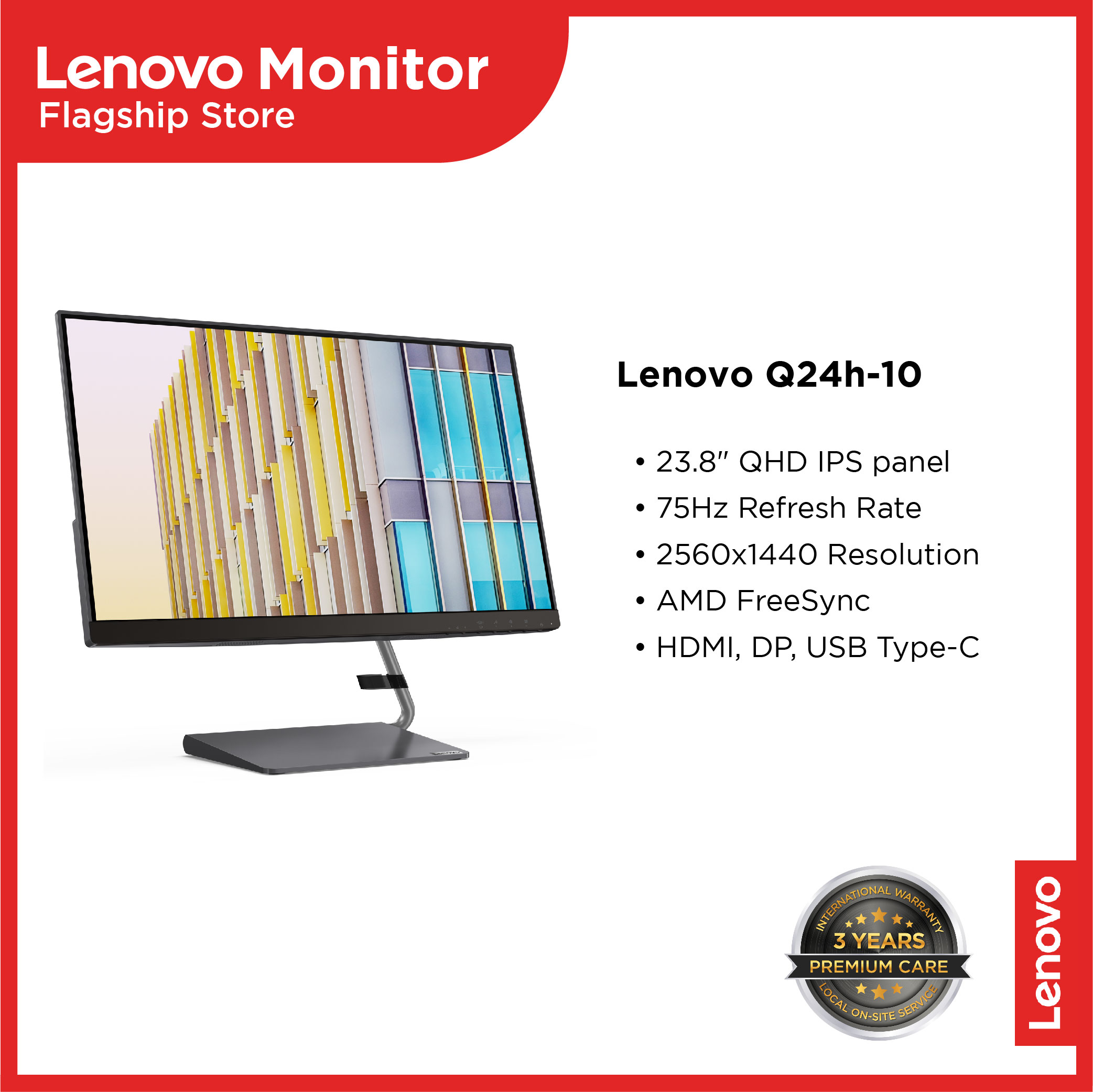 Lenovo Q24h10 Monitor 23.8in IPS QHD 2560x1440 4ms 75Hz 300 nits 99