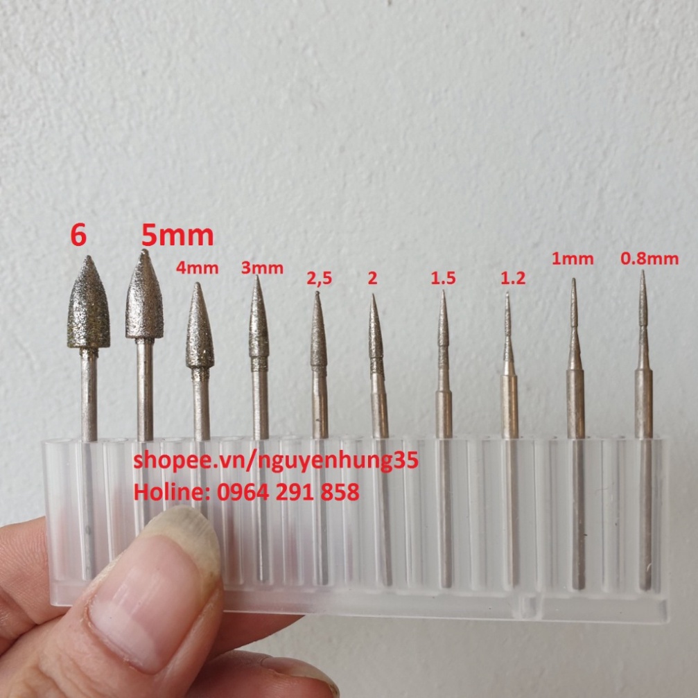 Mũi mài đá quý nhọn hình hoả tiễn cán 2mm hay 2.35mm mài doa chạm trổ trạm khắc đá ngọc doa lỗ bảng mạch