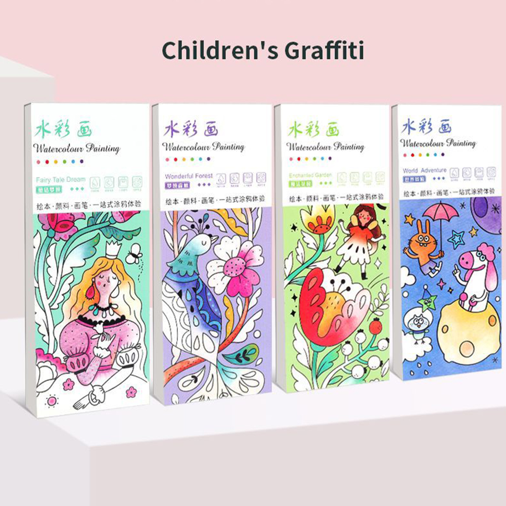 SF Portable Watercolor Painting Book 12 Sheets Coloring Book With Paint Brush Gouache Book Kids Graffiti Picture Drawing Stationery. 