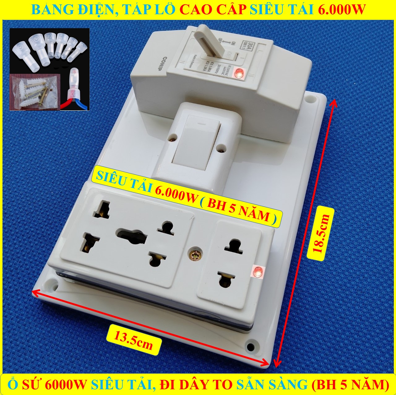 Bảng điện nổi, Táp lô tổng SIÊU CHỊU TẢI 6000W (BH 5 NĂM) + 1 Công tắc + 1 Ổ cắm SỨ SIÊU TẢI 6000W CÓ lò xo chống giãn + ĐÃ ĐI DÂY TO sẵn sàng + Bộ vít lắp đặt (bộ 1 sp)