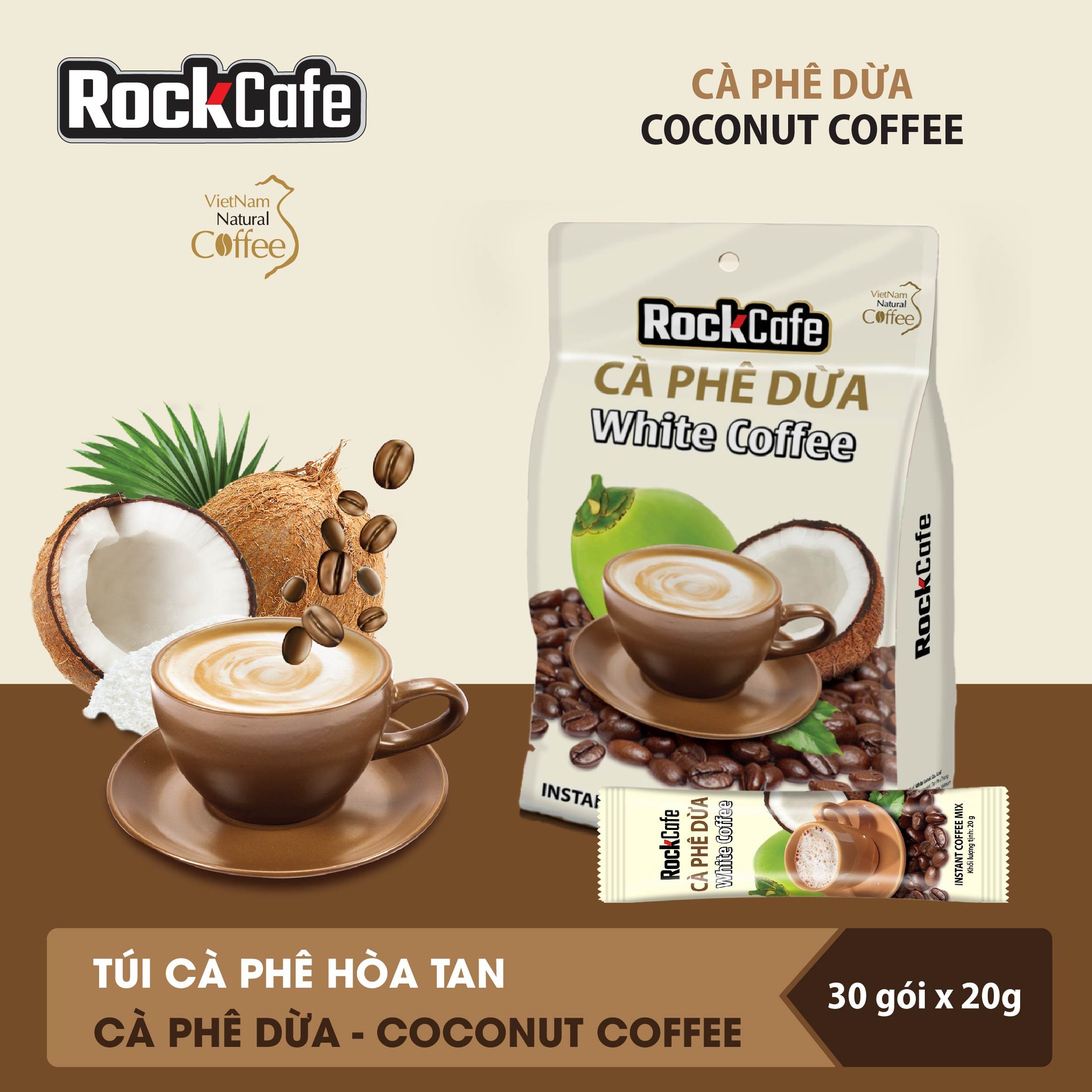 RockCafe - Cà phê hòa tan 3 trong 1 - Vị Dừa độc đáo - Thơm ngon - Tinh khiết - Chuẩn vị cafe Việt - Túi 30 gói x 20gr