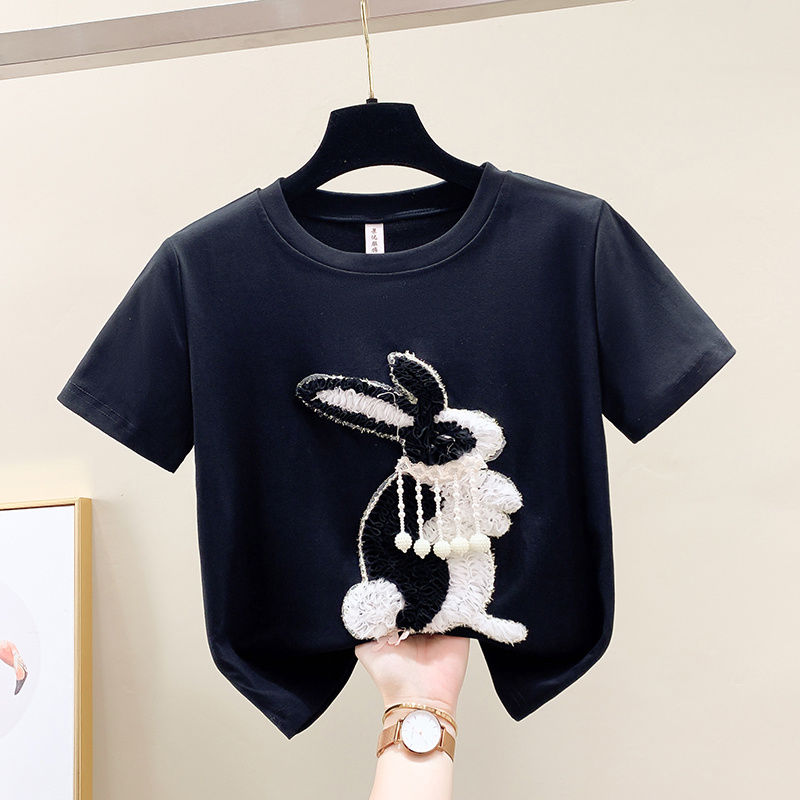 Korean style rabbit short-sleeved T-shirt for women 2023 new heavy industry casual top trend