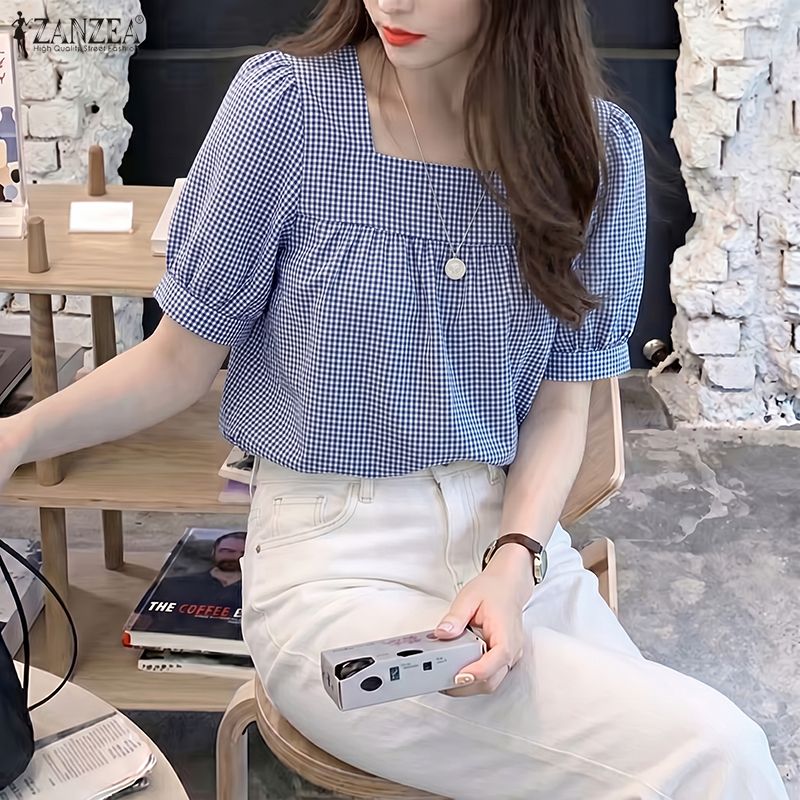 ZANZEA Women Streetwear Fashion Square Neck Puff Sleeve Blouses