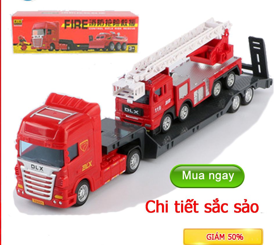 Xe đồ chơi mô hình xe đầu kéo xe cứu hỏa thang trượt (gồm 2 xe) chi tiết sắc sảo, nhựa ABS an toàn, kích thước lớn