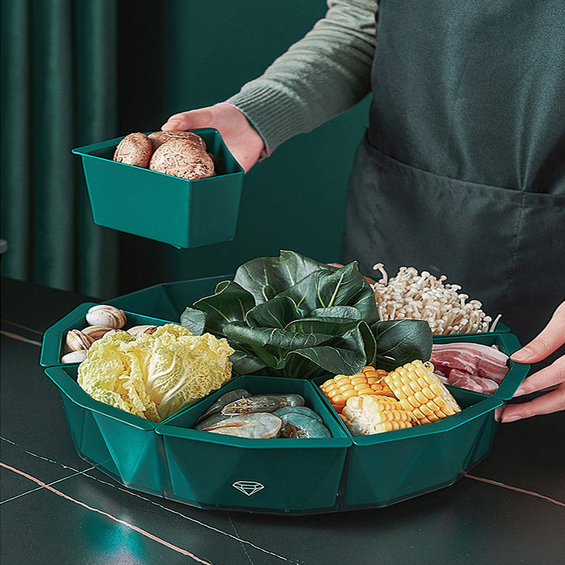 YONUO Nine-point grid rotating hot pot preparation plate for household multi-grid rotatable vegetable and fruit plate, kitchen side dish plate, drain plate