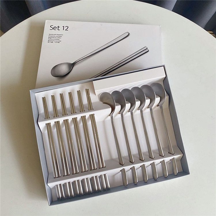 Hộp 12 thìa đũa chất liệu inox 304 không gỉ - bộ muỗng đũa inox cá nhân, gia đình - set đũa muỗng
