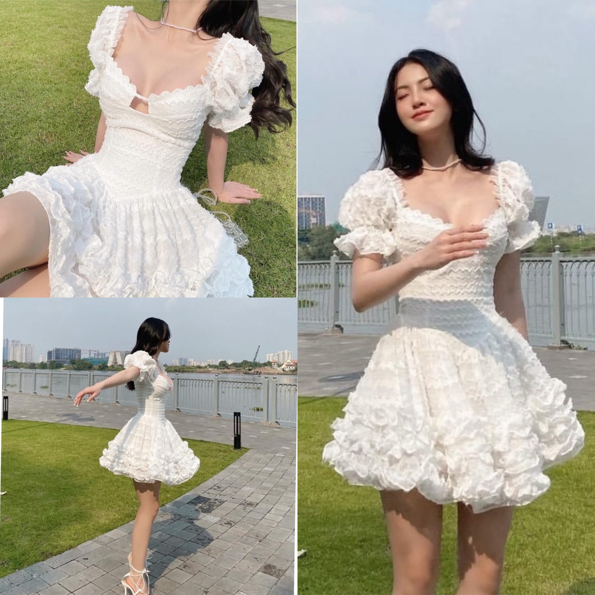 Đầm trắng hoa nổi cổ u viền bèo