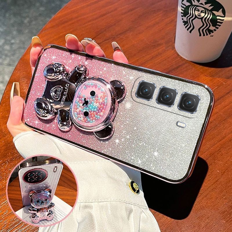 New Phone case infinix Hot60 Pro Back cover with Gradient 3D Bear Folding Stand Bracket Luxury Slim Plating Glitter Girls For infinix Hot 60 Pro + case. 