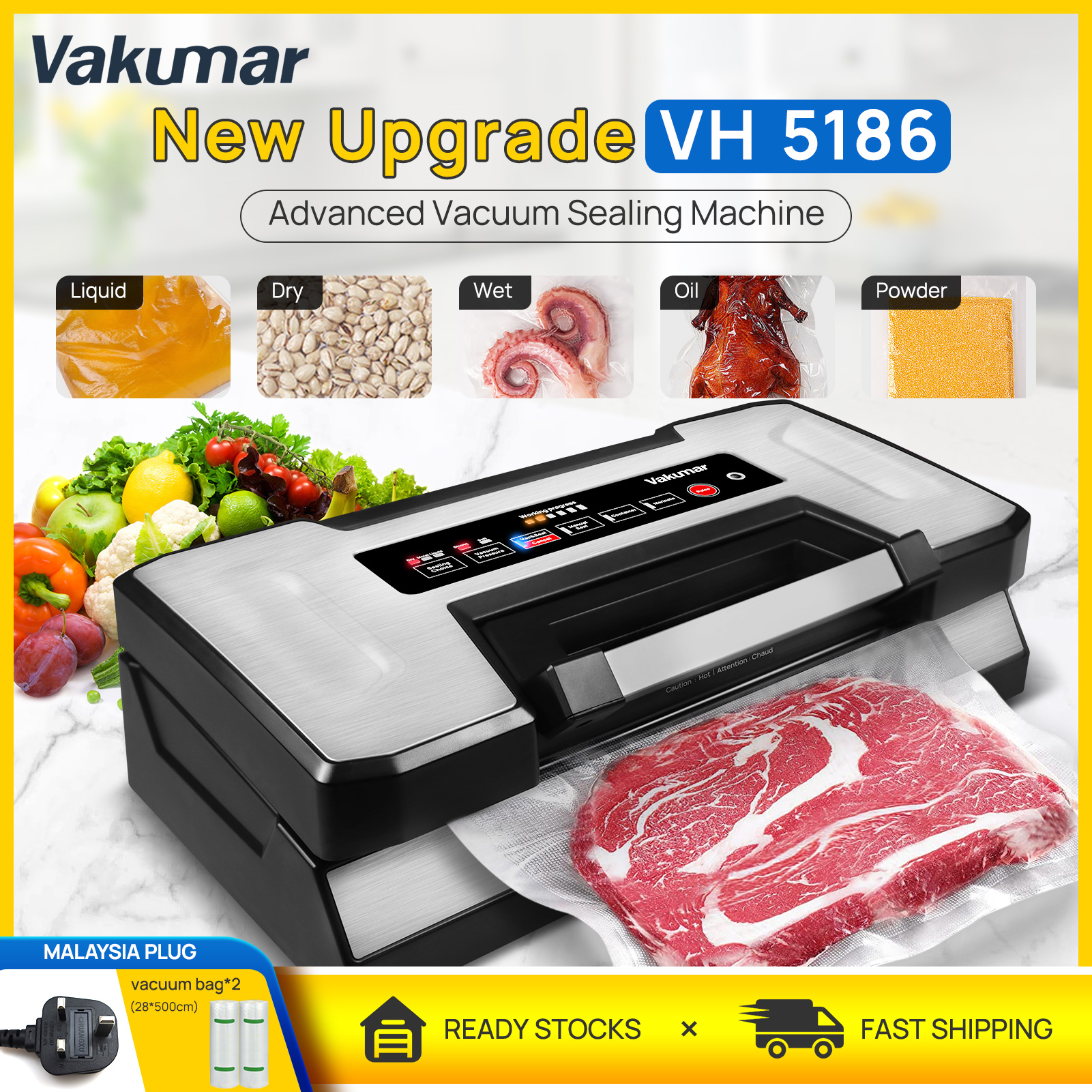 Vakumar VH5186 Vacuum Sealer Machine Food vacuum machine Packaging Sealing  Machine 90Kpa sealing machine kitchen commercial household food vacuum  sealing machine