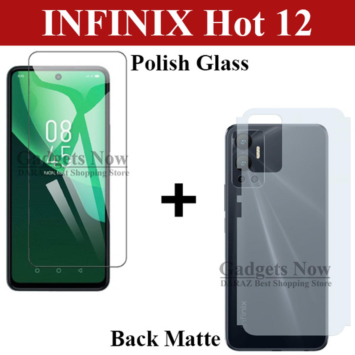 Infinix Hot 12 Glass Protector Polish Screen Tempered + Back Protector Carbon Fiber Matte Soft Skin Sheet For Infinix Hot 12. 
