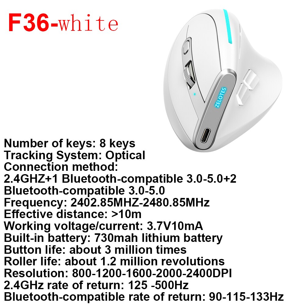 ZELOTES F-26C Desktop Upright Mouse Ergonomic 3200DPI 2.4G Bluetooth ...