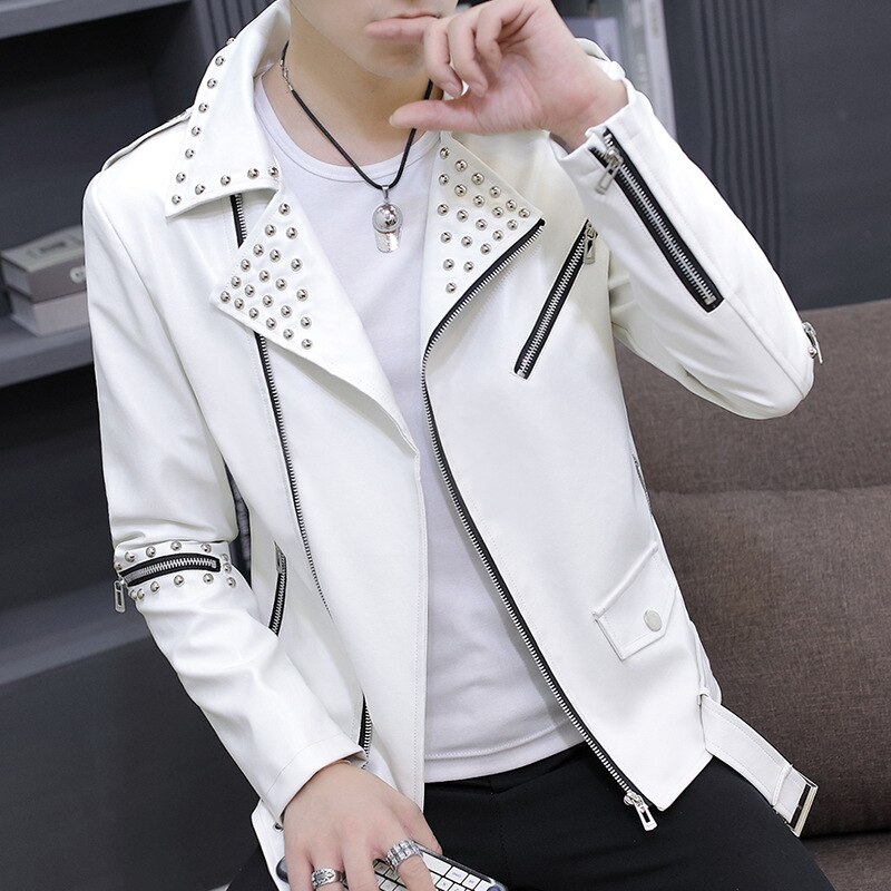 HOO 2023 Men's Casual Autumn Slim Fit Handsome Rivet Oblique Zipper Leather Jacket Youth Trendy Motorcycle PU Leather Jacket