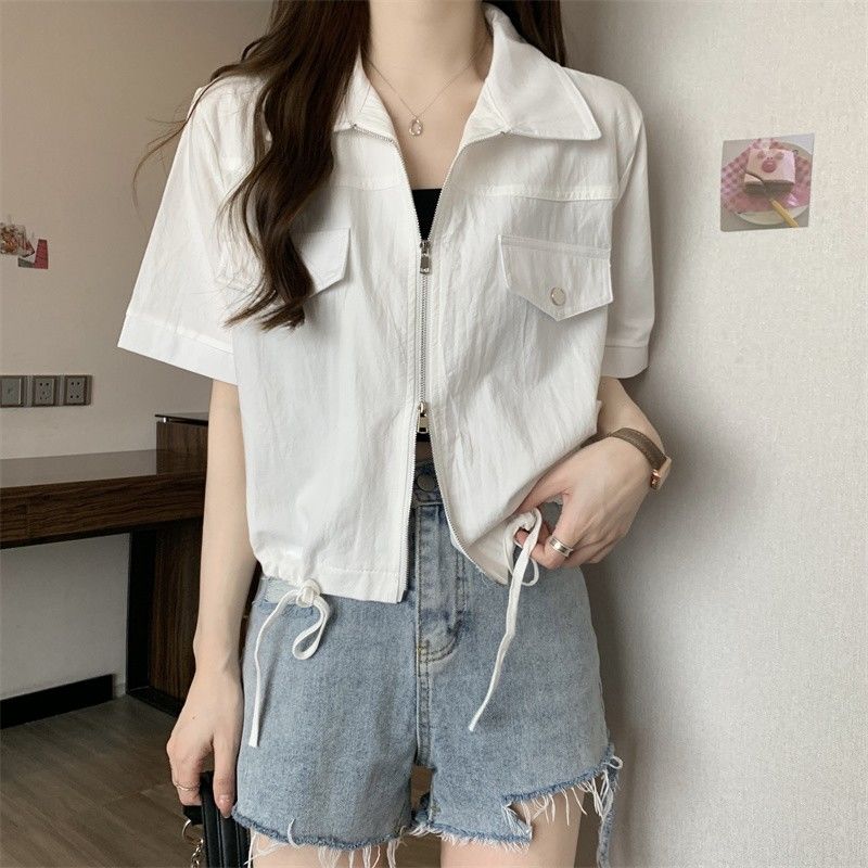 Plus size zipper short-sleeved tshirt for women girls Korean style shirt