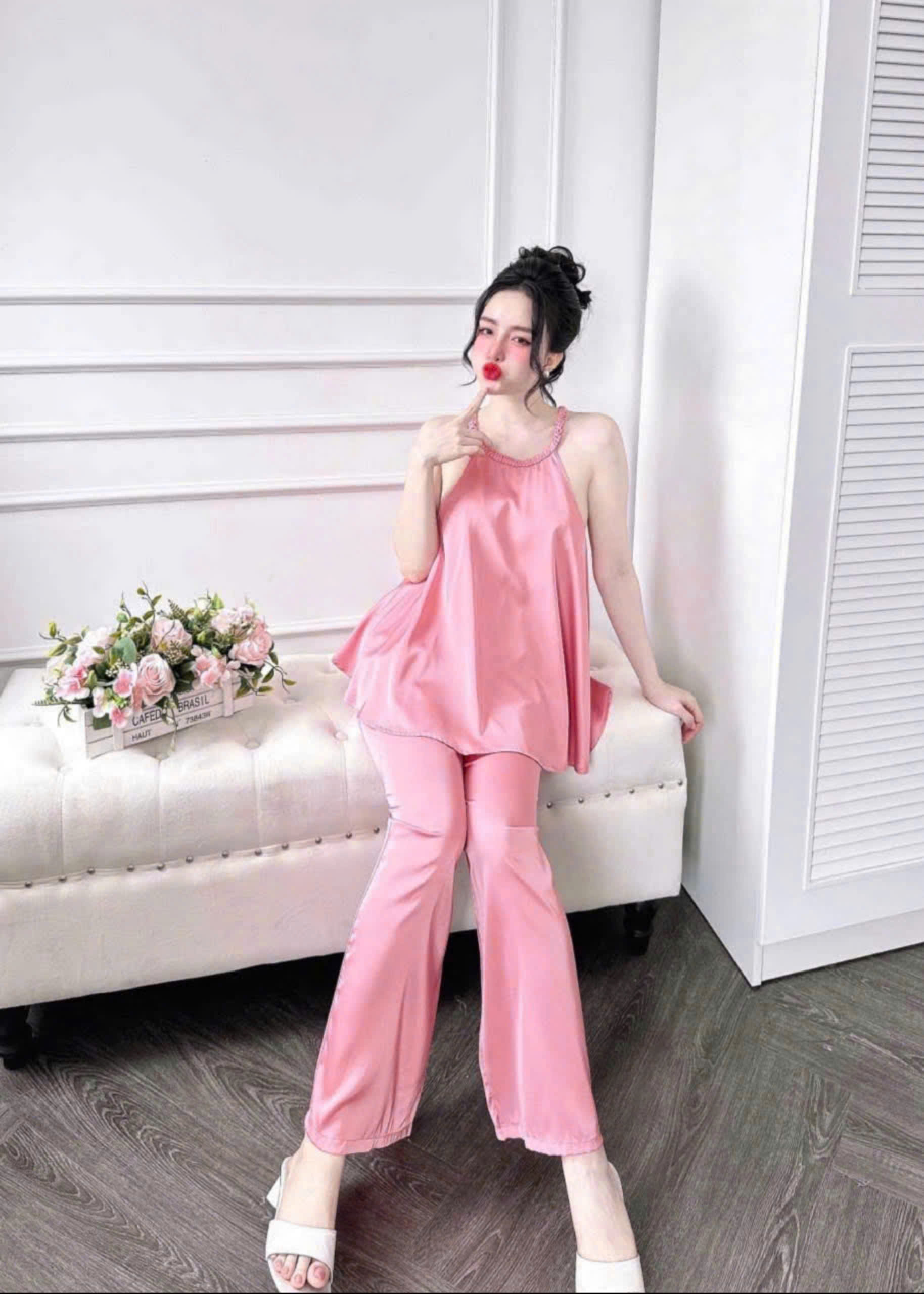 Set quần áo 2 dây nữ, đồ ngủ lụa 2 dây freesize 54kg - cn92