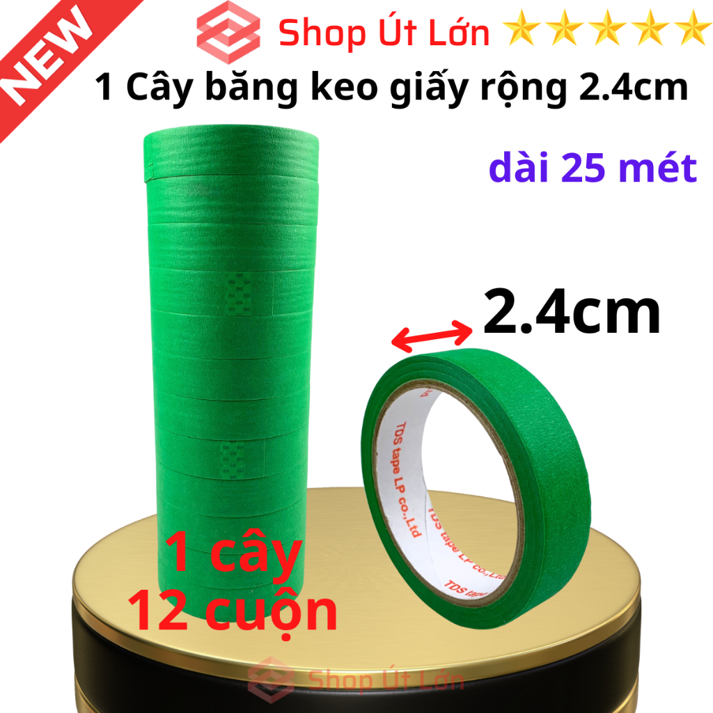 Băng keo giấy màu xanh lá, rộng 2.4cm, dài 25 mét, lõi giấy 3mm - 1 cây có 12 cuộn