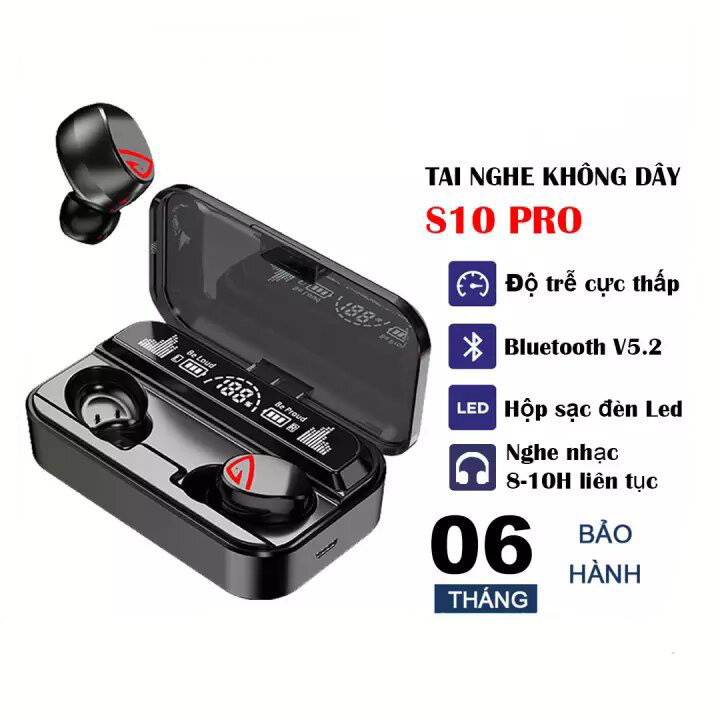 Tai nghe bluetooth không dây S10 Pro, phiên bản bluetooth V5.2 cao cấp, Âm thanh vòm cực hay, Chống nước IPx7, Dung lượng 2000mAh kiêm sạc dự phòng, cảm ứng vân tay, BH uy tín 1 đổi 1.