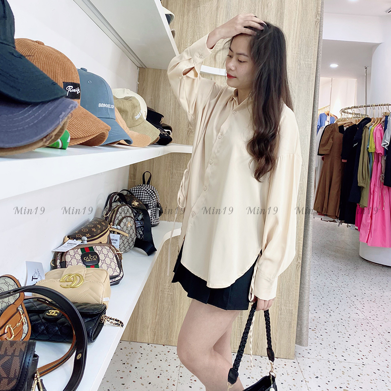 Áo Sơ Mi Nữ Tay Phồng Phối Nơ Hàn Quốc Bánh Bèo Tiểu Thư Kiểu Công Sở Tay Dài Bigsize Form Rộng Màu Trắng  Đen Xanh Nâu Be Thời Trang