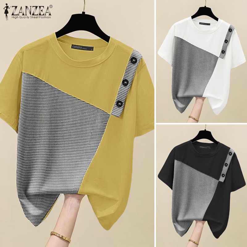 ZANZEA%20Women%20Summer%20Fake%20Two%20Pieces%20Plaid%20Patchwork%20Blouses%20Short%20Sleeve%20Crew%20Neck%20Daily%20Top%20#0804%20-%20Image%204