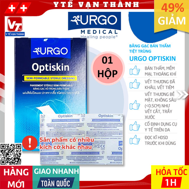 ✅ băng có gạc vô trùng không thấm nước urgo optiskin | bảo vệ vết thương lớn khỏi nước và vi khuẩn -vt0945 - y tế vạn thành