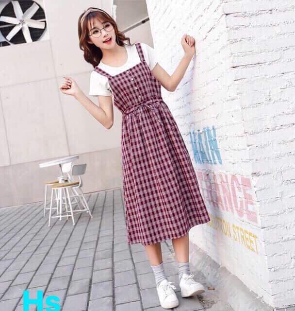 Sét Yếm váy kẻ thắt eo siêu xinh.