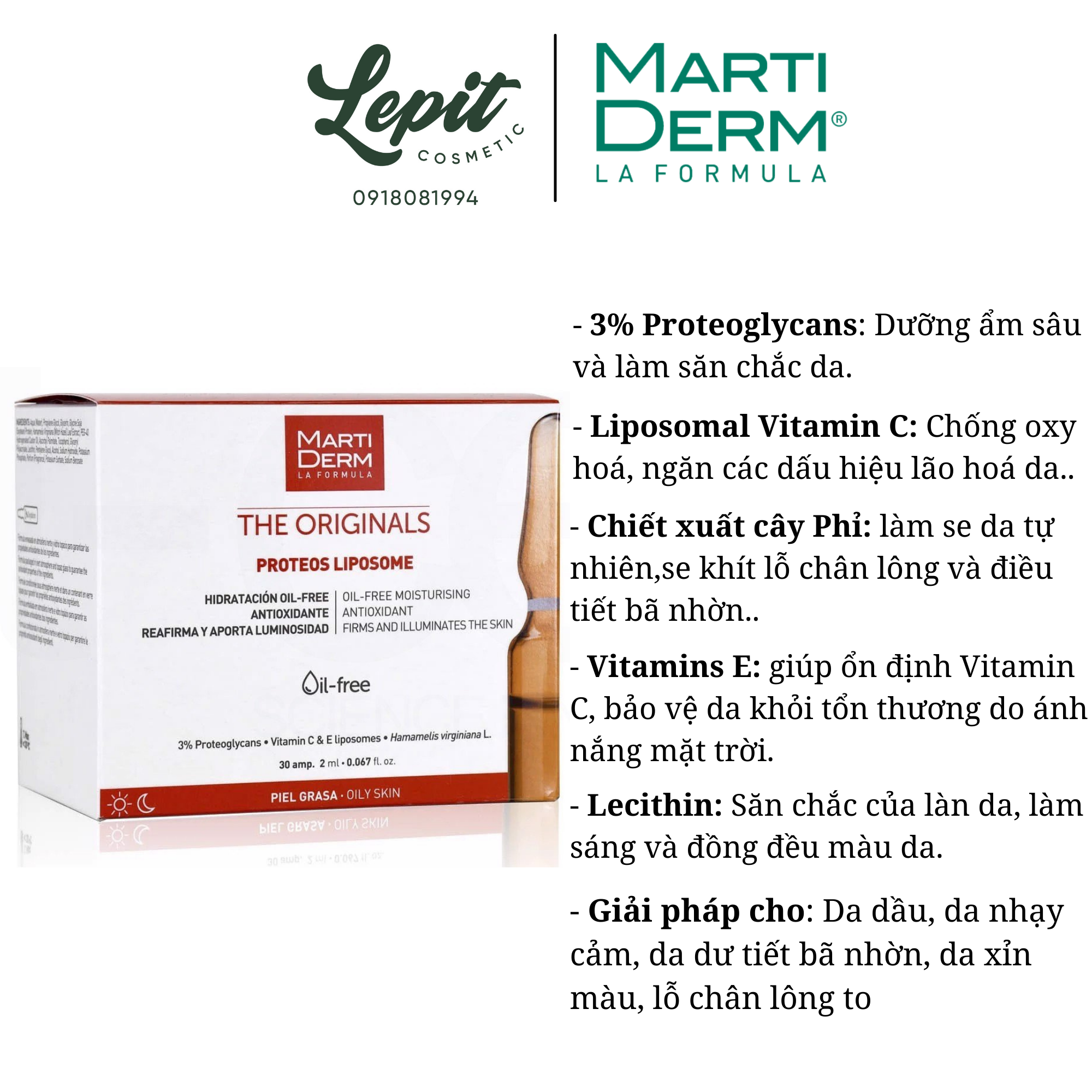 [ Lepit Cosmetic ] Tinh Chất Ampoule Chống Oxy Hoá, Phục Hồi, Điều Tiết Bã Nhờn - MartiDerm The Originals Proteos Liposome