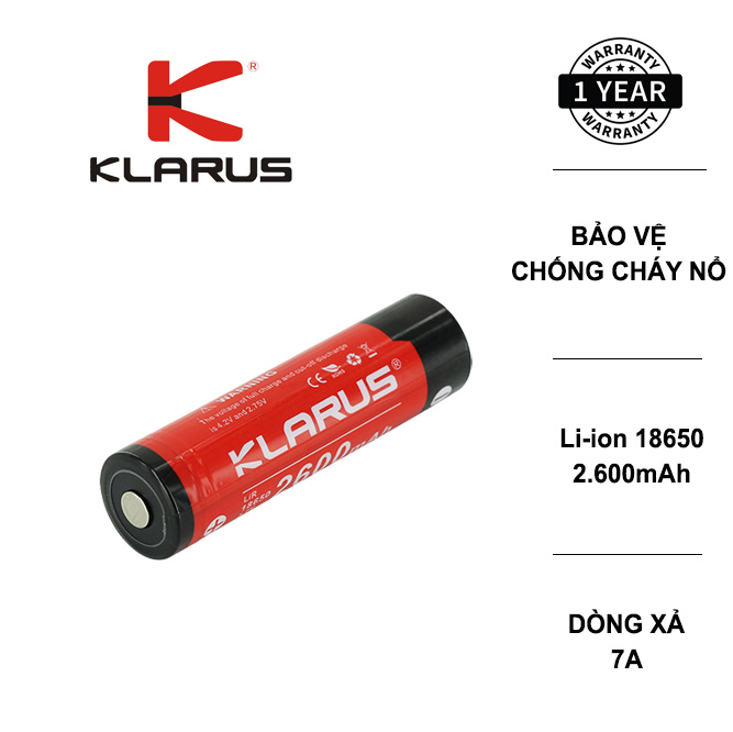 Pin sạc cao cấp klarus 18650 dung lượng 2600 mah