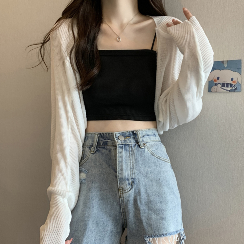 Summer Fashion Short Knitted Sunscreen Cardigan Women Solid Color Long Sleeve Thin Smock.