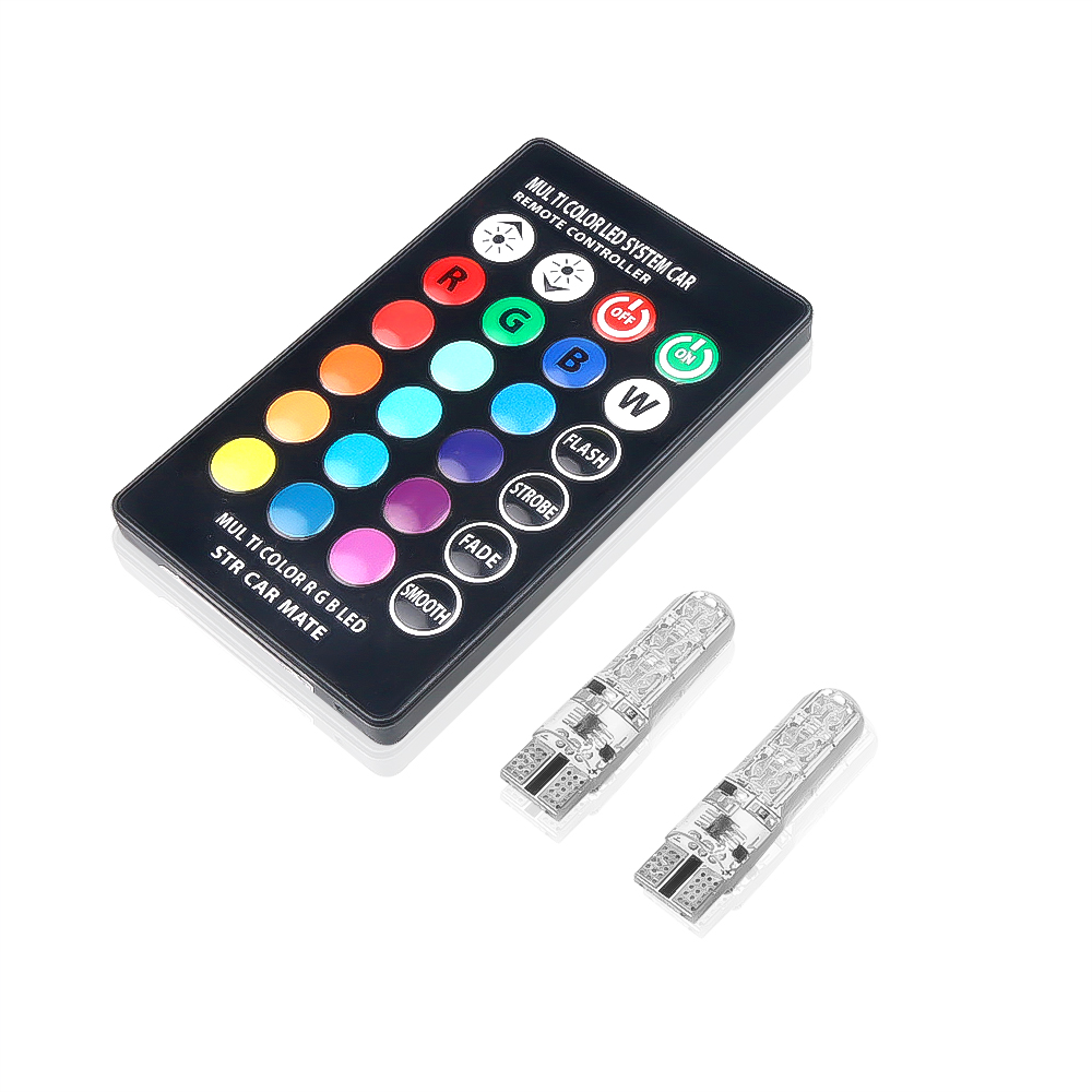 2pcs remote control rgb car led light t10 5050 w5w 6 smd colorful wedge lamp car dome trunk license plate reading atmosphere strobe cob bulb