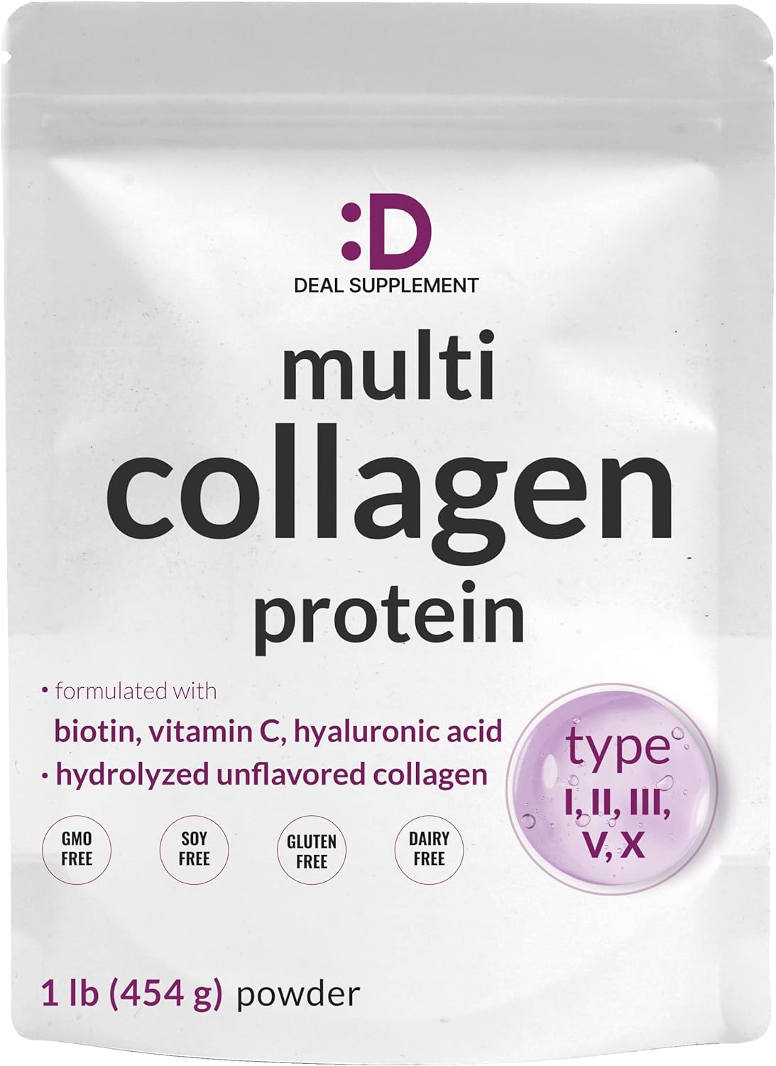 Multi Collagen Protein Powder,1Lb - Type I, II, III, V, X Collagen Peptides with Biotin 10000mcg 454gm, Vitamin C & Hyaluronic Acid - Unflavored - Keto & Paleo Friendly, Great for Hair, Skin, Nails & Joints
