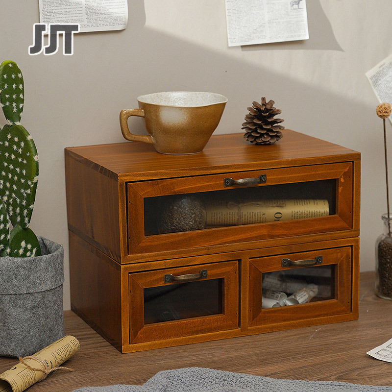 Chinese style solid wood drawer type retro computer elevated shelf desktop storage box cosmetics office desk shelf